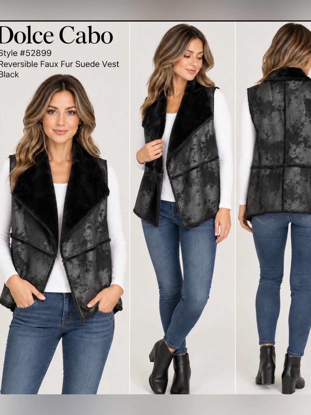 Dolce Cabo Black Faux Fur Suede Vest Sz Large NWOT